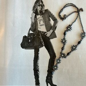 Vintage metal/ natural brass necklace with flowers cups, rhinestones